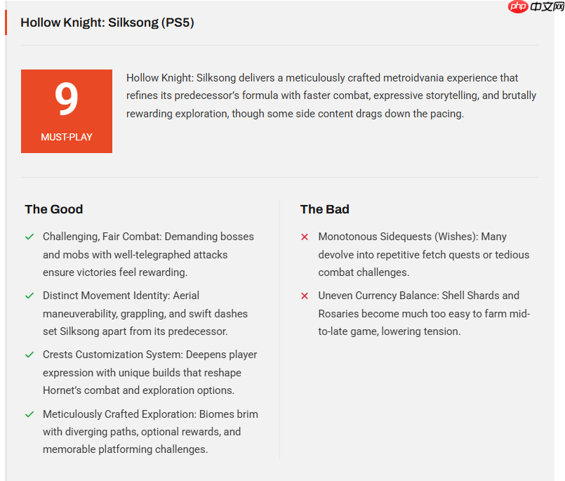 《空洞骑士：丝之歌》首个M站媒体评分出炉！9分好评神作