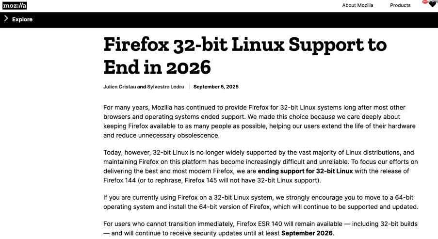 Firefox 将在 2026 年终止对 32 位 Linux 支持