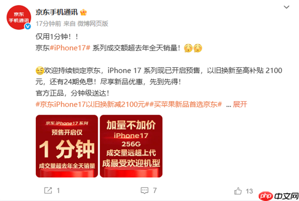 京东iPhone 17系列预售1分钟成交量超去年全天 标准版最受欢迎