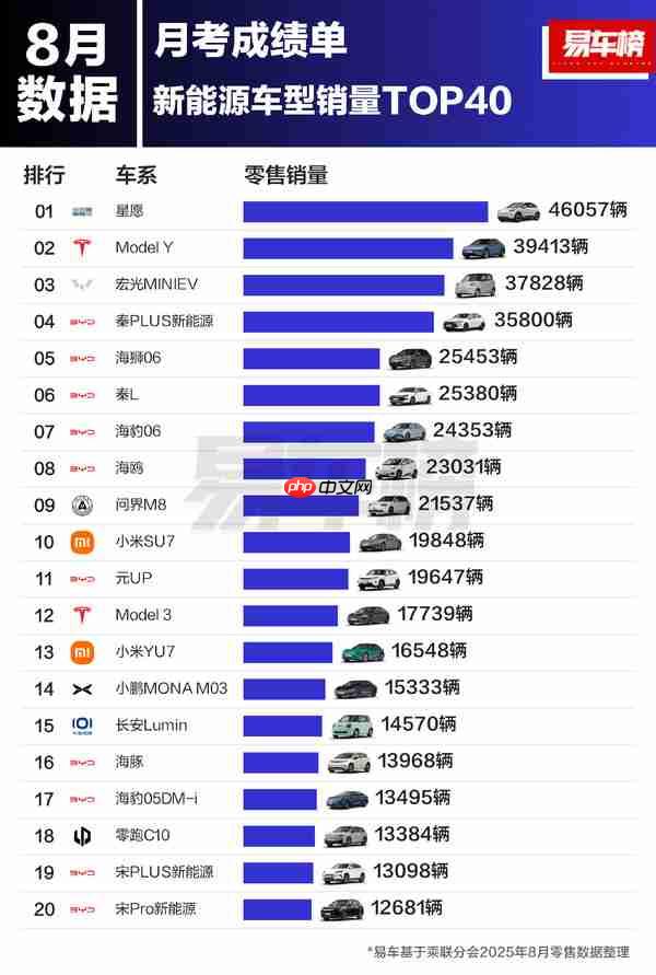 8月中国新能源车型销量排名出炉 Model Y暂列第二