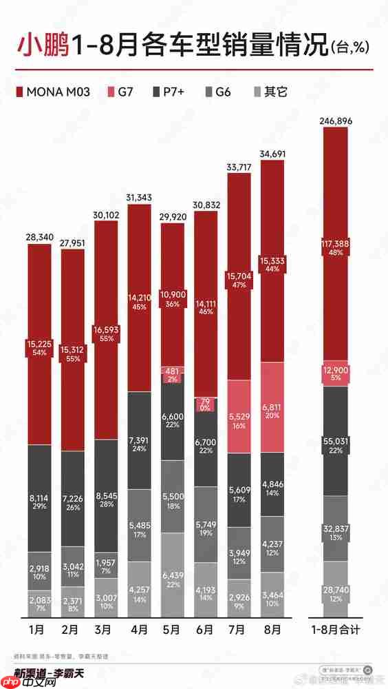小鹏汽车1-8月各车型销量曝光：M03成销售主力 占48%