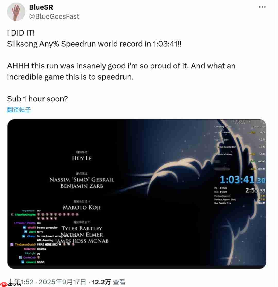 《空洞骑士:丝之歌》玩家打破速通世界记录