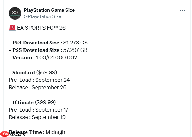 《EA SPORTS FC 26》PS5版容量公布！下周开启预载