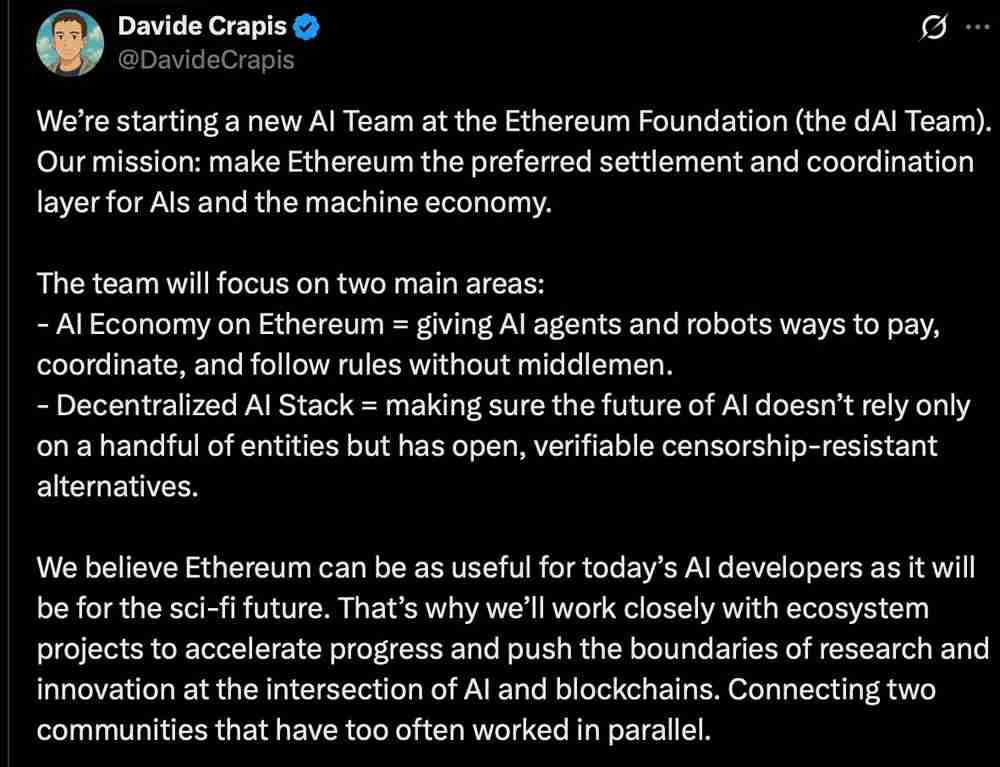 以太坊（ETH）新任人工智能负责人（达维德·克拉皮斯）表示，生态系统需求推动AI发展