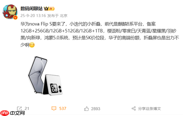 华为全新小折叠nova Flip S首曝：鸿蒙5.0、5000元价位段