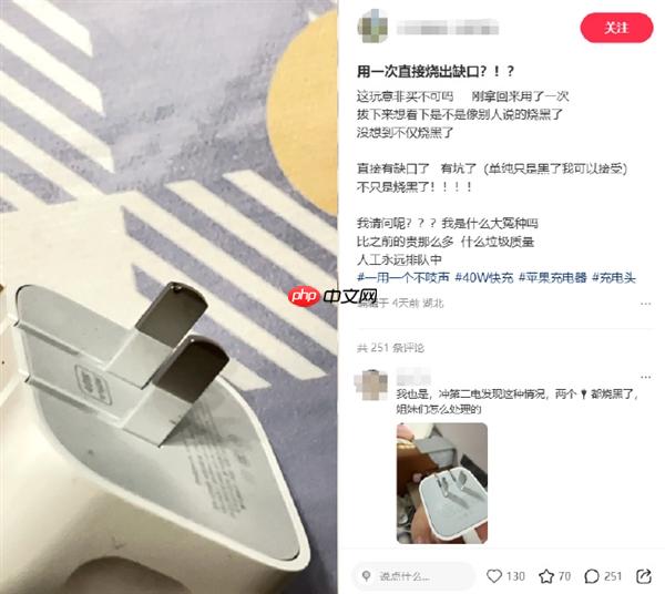 曝苹果40W充电器“烧接头”：329元的快充头用一次就变黑