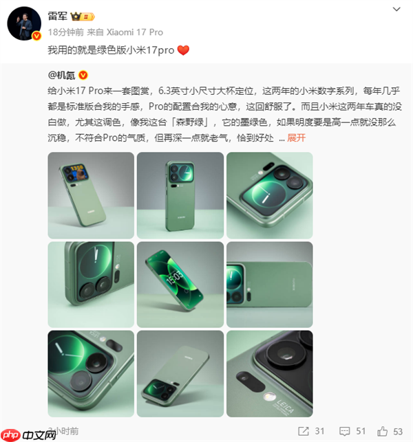 你最心动小米17pro哪款颜色 雷军自曝了:我用的是绿色版