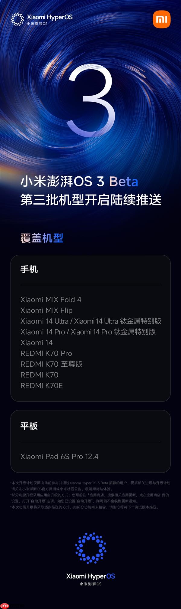 小米澎湃OS 3 Beta版第三批机型开启推送：覆盖小米14系列、K70系列等十款