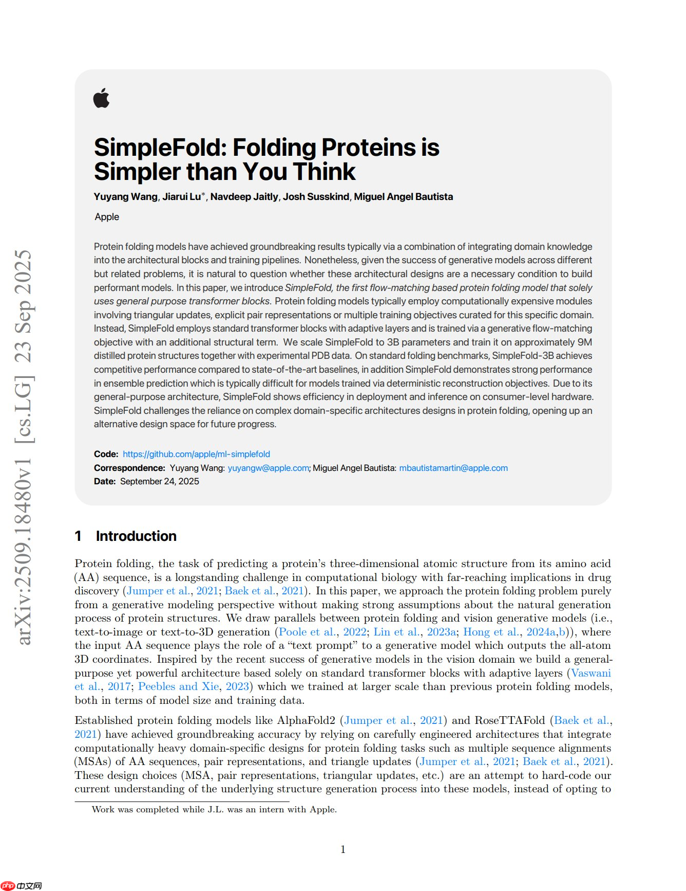 苹果开源轻量级蛋白质折叠模型 SimpleFold