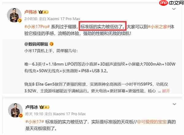 小米17破今年国产手机首销纪录 卢伟冰:标准版被低估了