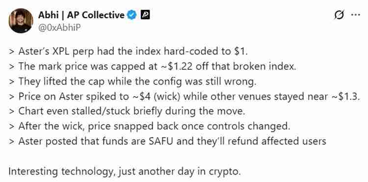 Aster因XPL永续合约故障导致价格飙至4美元,现已对用户进行赔付
