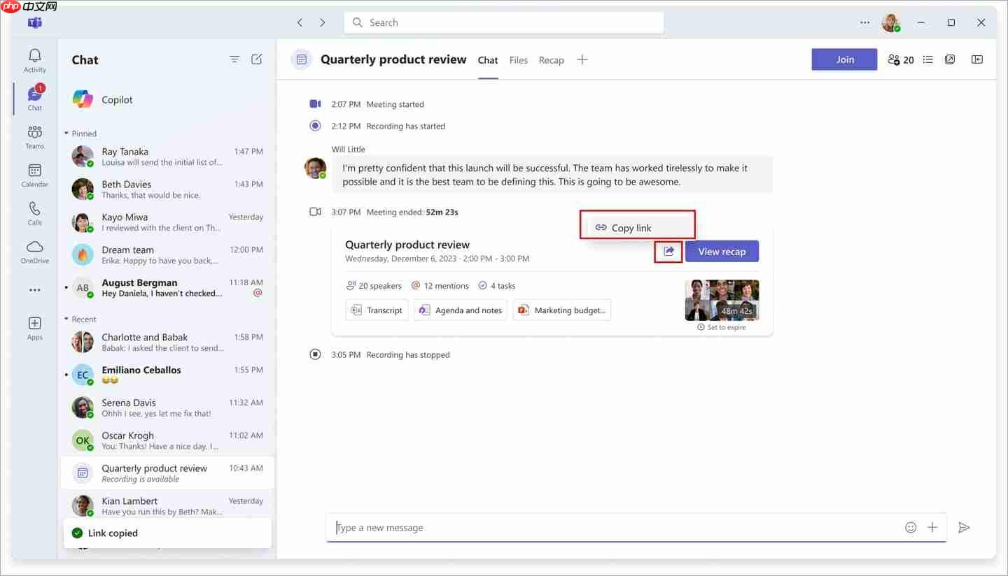 2025 年 2 月上线，微软 Teams 可分享会议回顾链接