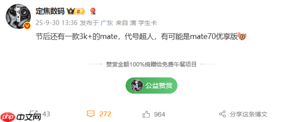 华为Mate 70优享版首次现身!10月发布、3K+价位段