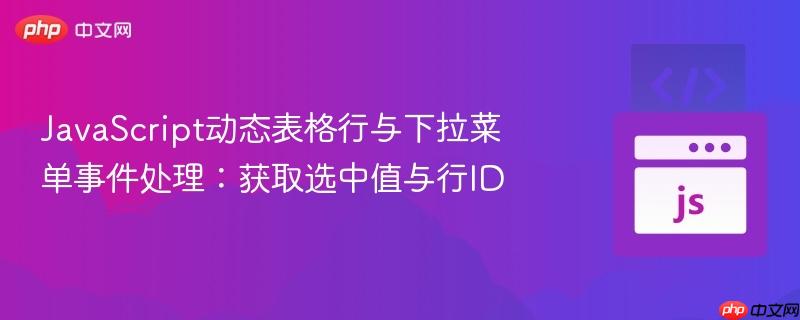 JavaScript动态表格行与下拉菜单事件处理：获取选中值与行ID
