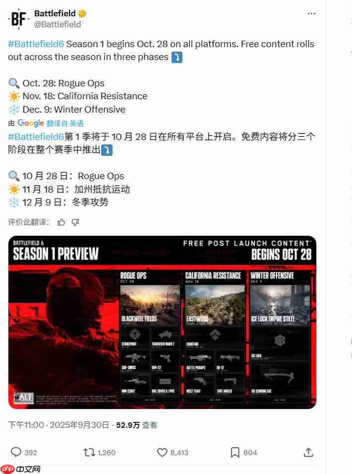 《战地6》第一赛季10月28日开启 加入3张新地图