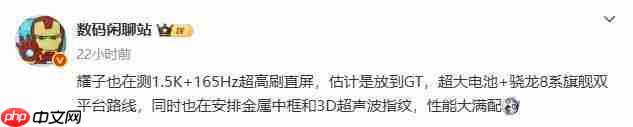  消息称荣耀正测试 1.5k 165hz 超高刷直屏新机，还有超大电池 