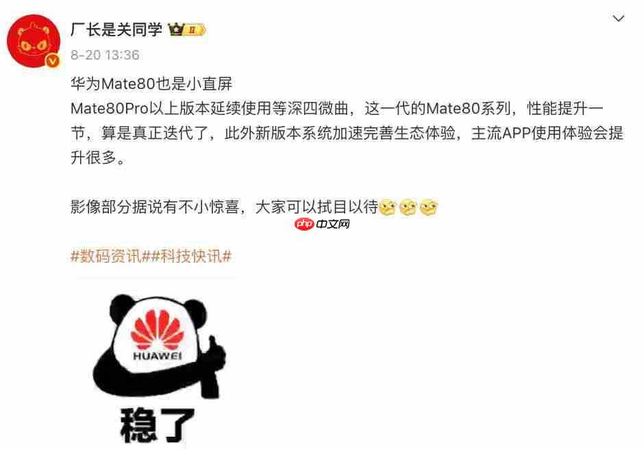  华为 Mate 80 或 11 月发，细节再曝 