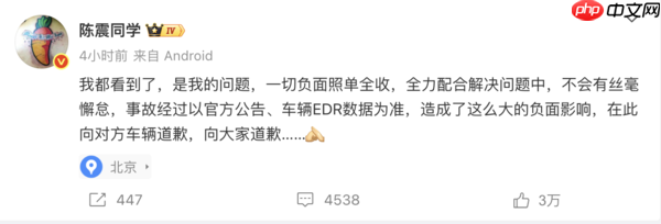 陈震就“劳斯莱斯车祸”事件致歉:向对方车辆道歉