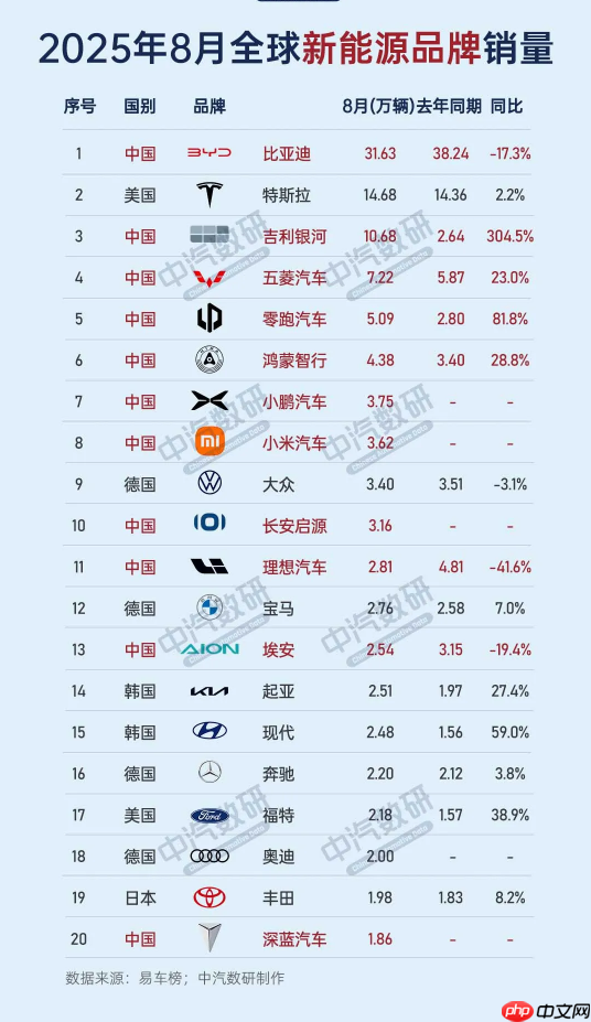8月全球新能源车销量榜：特斯拉第二 吉利银河跻身前三