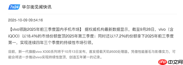 vivo再次拿下国内份额第一！连续四年三个季度领先