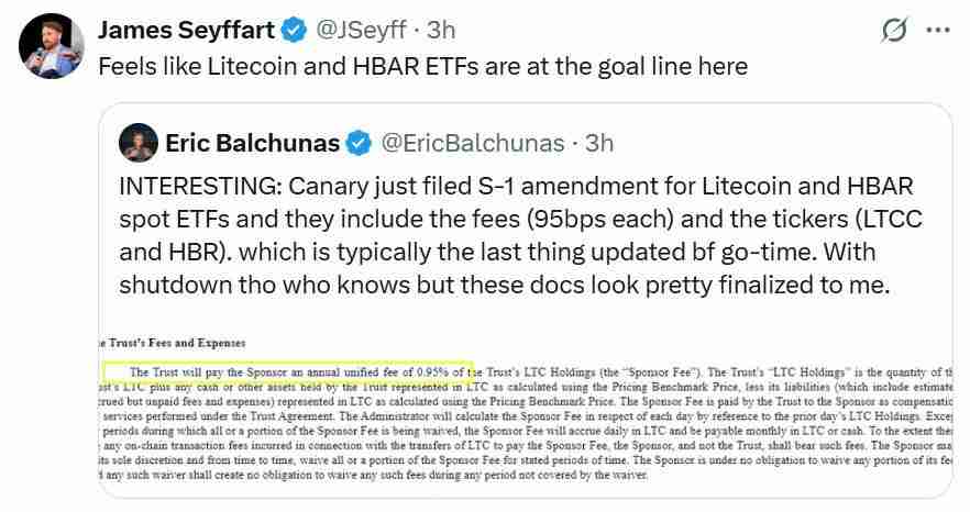 分析师：Canary莱特币（LTC）、Hedera（HBAR）ETF已达“开始时间”仅待政府停摆结束
