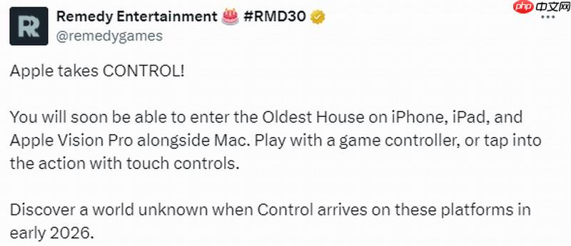 《控制》将于2026年初登陆苹果平台 触控操作游玩