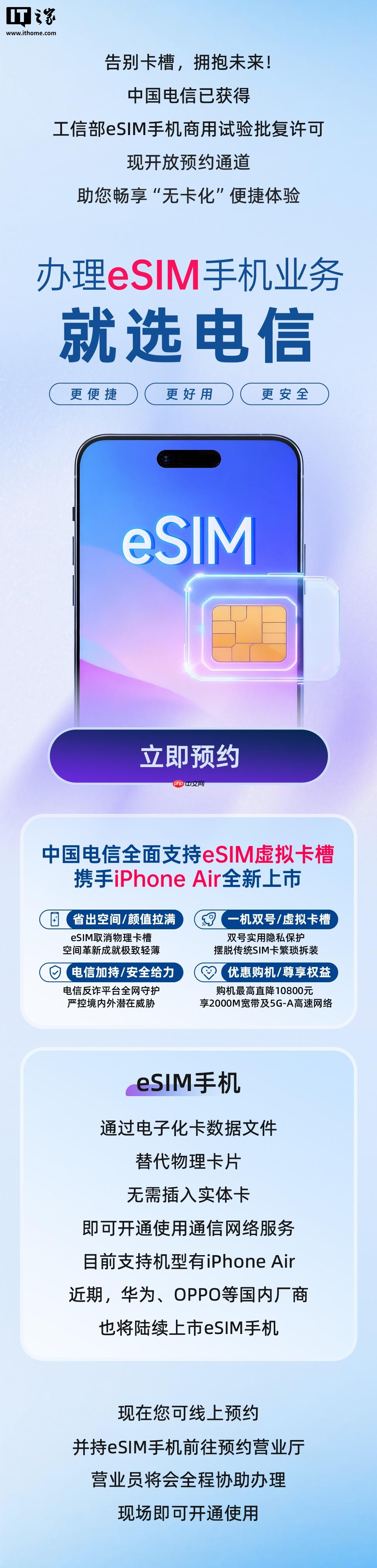 中国电信:近期,华为、OPPO 等国内厂商也将陆续上市 eSIM 手机