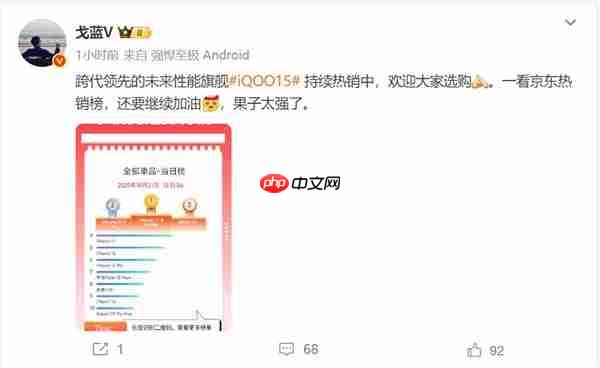 iQOO 15单品销量冲上京东安卓阵营TOP1:比iPhone 17还火爆