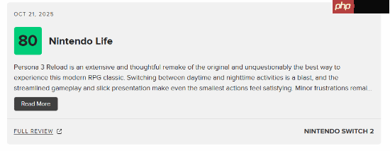 《女神异闻录3：Reload》NS2版M站79分！NS2必玩之作！