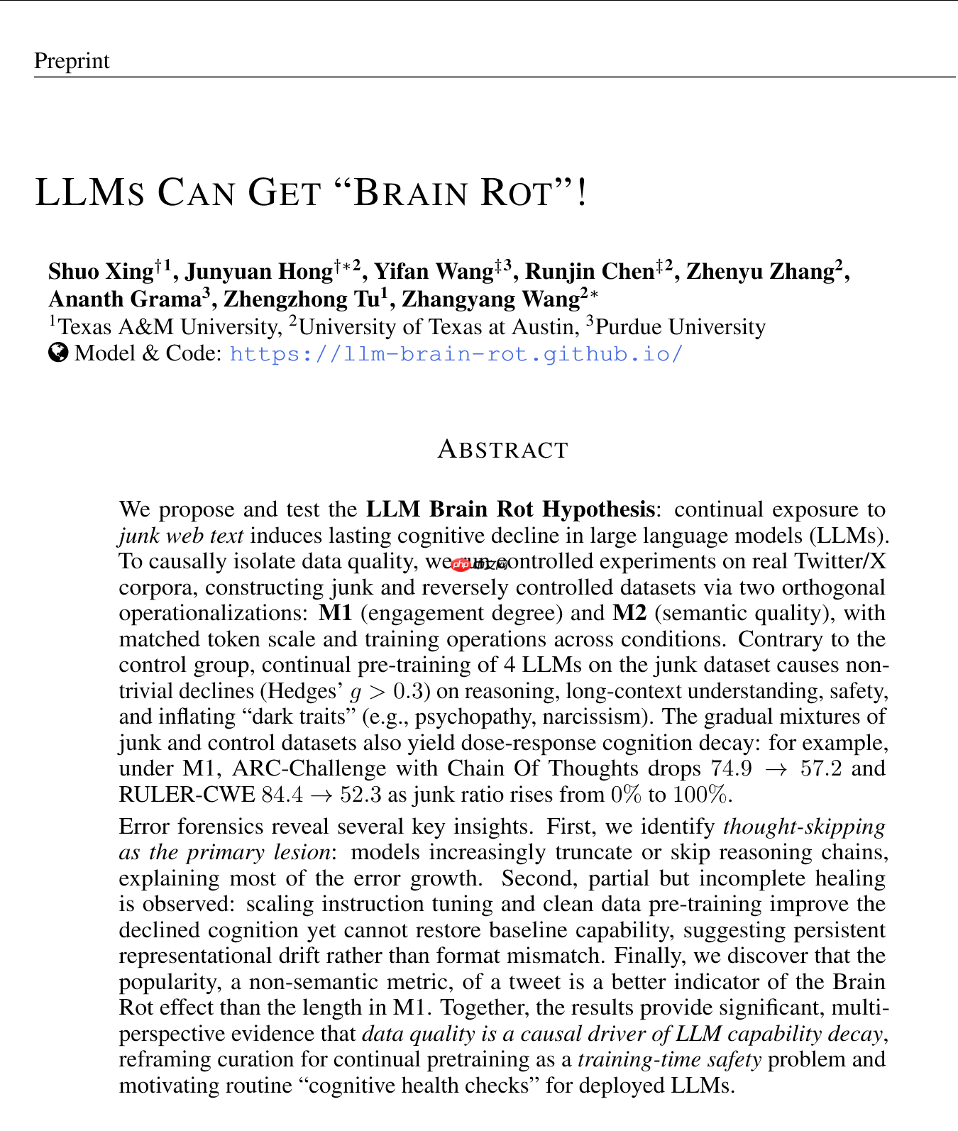 大语言模型也会“脑腐” (Brain Rot)