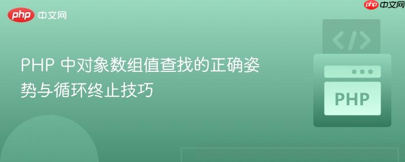 PHP 中对象数组值查找的正确姿势与循环终止技巧