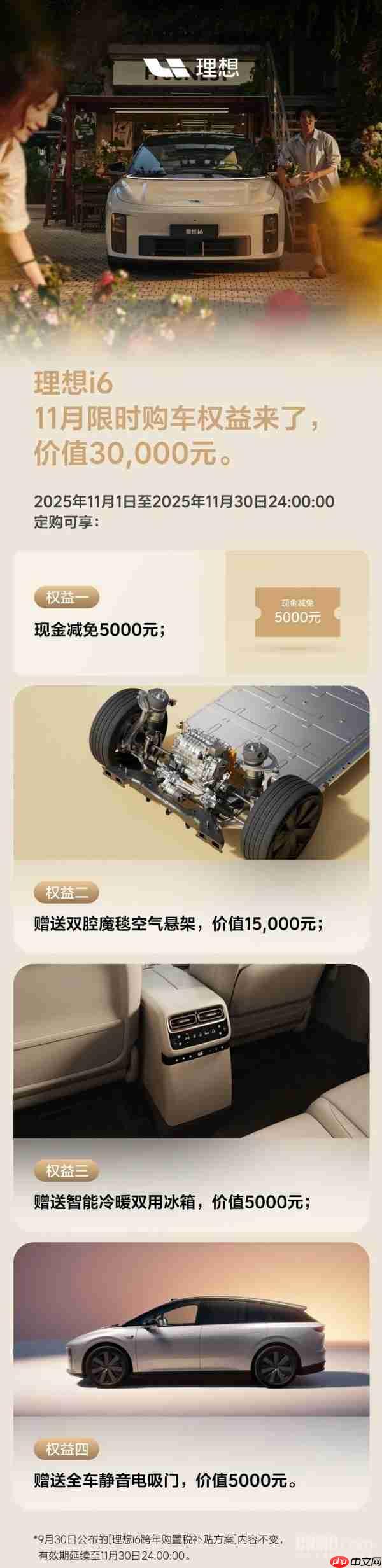 理想i6 11月限时购车权益出炉:赠送双腔魔毯空气悬架