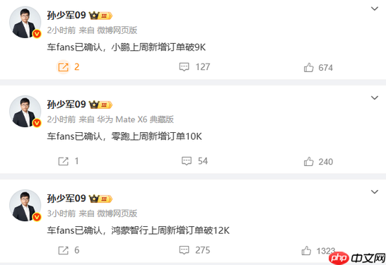 三大新势力上周新增订单曝光 鸿蒙最强 零跑稳定破万