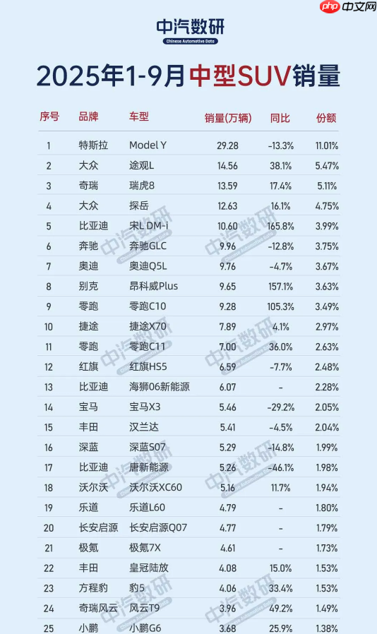 今年国内中型SUV销量盘点:Model Y一车超BBA之和
