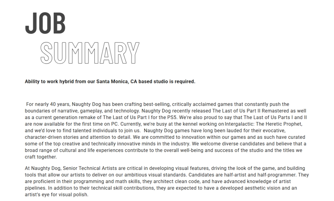 顽皮狗招聘高级技术美术师 正全力开发《星际:异端未知》!