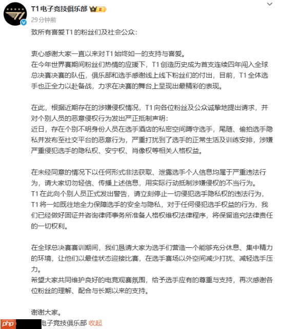 T1战队遭遇私生饭骚扰蹲守偷拍！发布严正声明