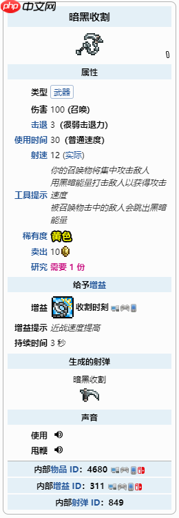 《泰拉瑞亚》暗黑收割鞭强度介绍