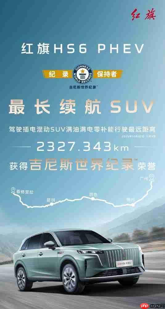 红旗HS6 PHEV获吉尼斯记录 续航最高达2327.343km