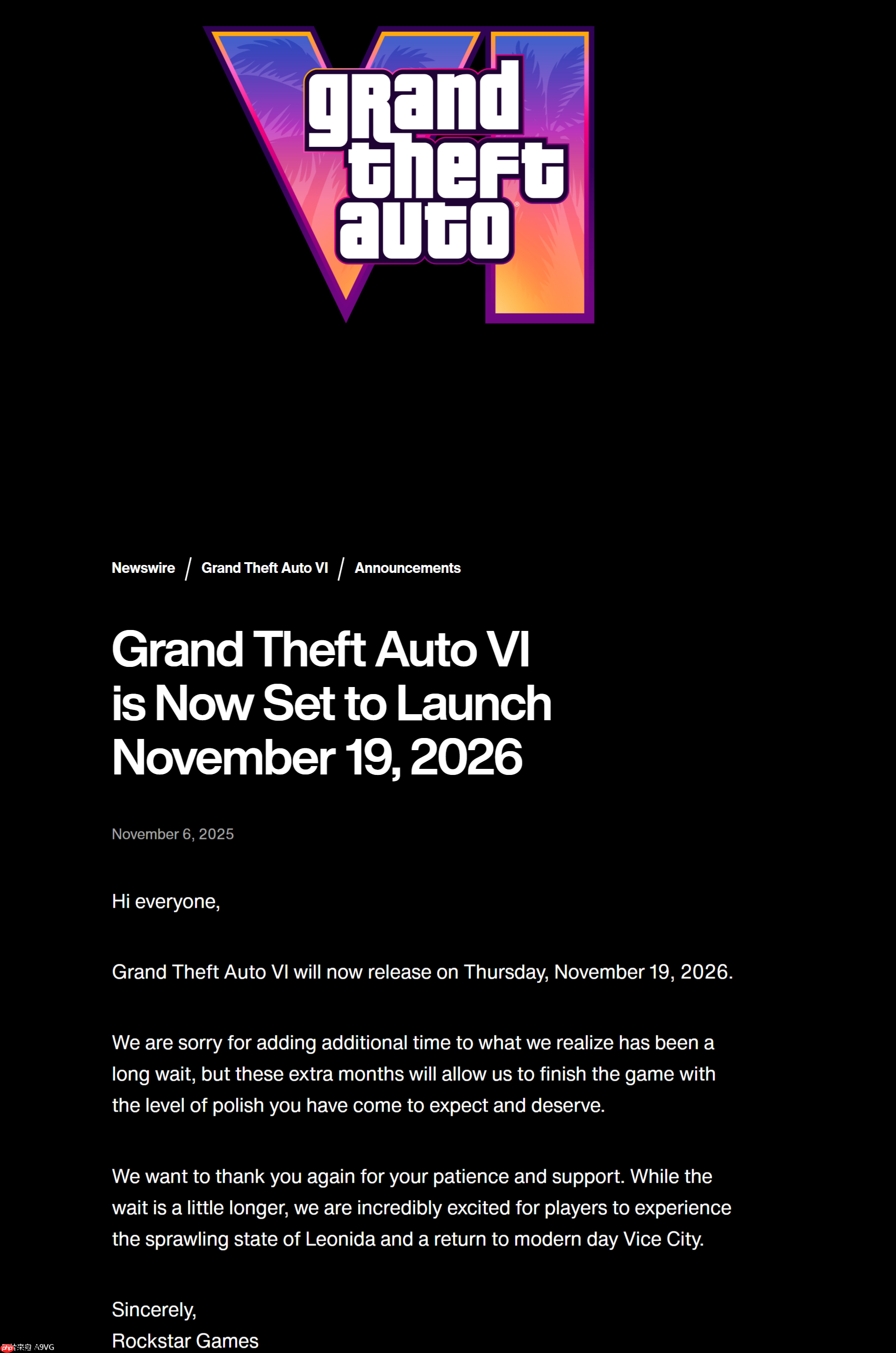 《GTA6》延期到2026年11月19日发售