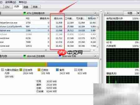 资源监视器查看内存提交