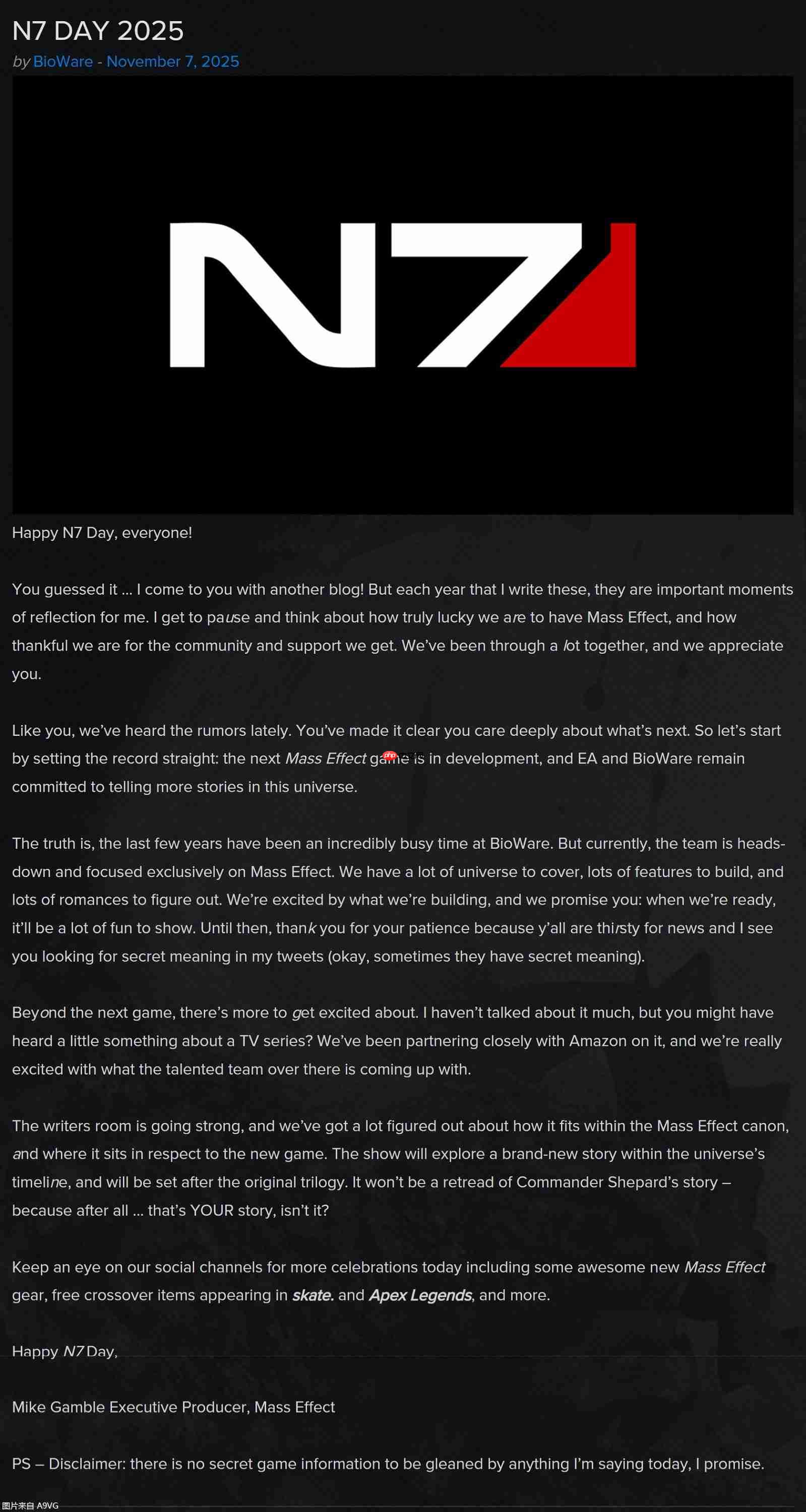 BioWare:下一部《质量效应》游戏正在开发中