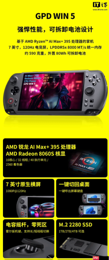 预售价16999元：GPD WIN5掌机新增128GB内存+4TB硬盘旗舰配置，搭载锐龙AI Max+395处理器