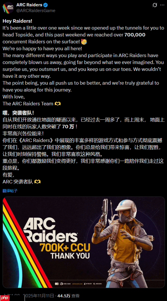 真蒸蒸日上！《Arc Raiders》全平台在线已超70万