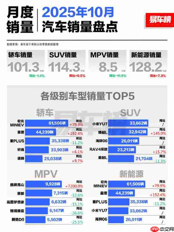 10月各级别车型销量前五公布：宏光MINIEV断层领先
