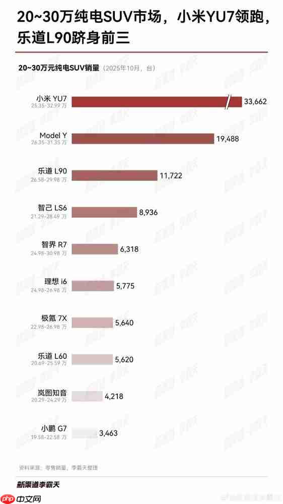 20万-30万元纯电SUV销量榜单出炉:小米YU7断档第一