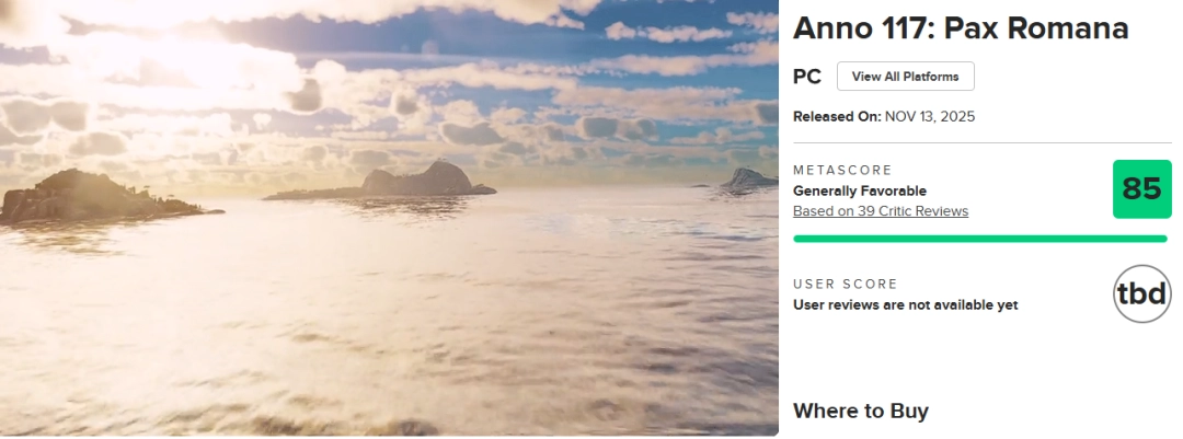《纪元117:罗马和平》M站均分85分!IGN9分好评