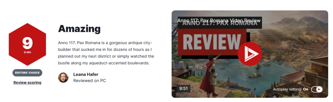 《纪元117:罗马和平》M站均分85分!IGN9分好评