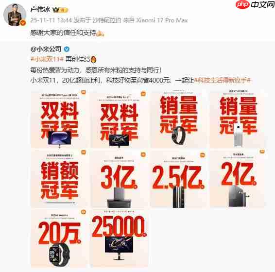  小米双 11 战报公布：多款产品获销量冠军 卢伟冰回应 