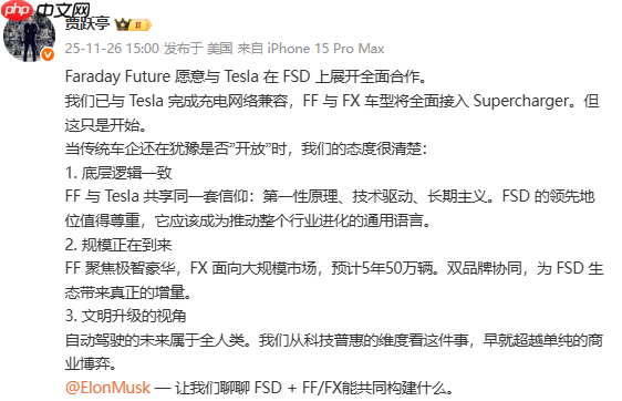 贾跃亭表态:FF愿意与特斯拉在FSD上展开全面合作