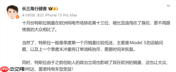 欧洲十月份纯电动汽车销量数据出炉：特斯拉未进前十